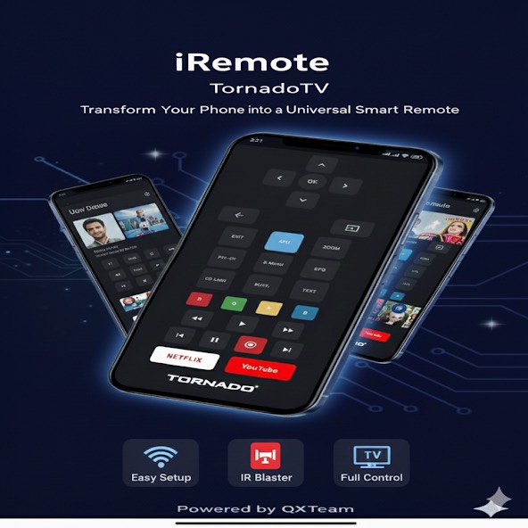 iRemote Tornado TV app screens on three phones